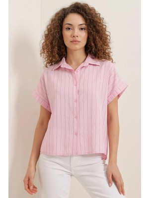 Moda Molası Kadın Kısa Kol Çizgili Viskon Pembe Gömlek