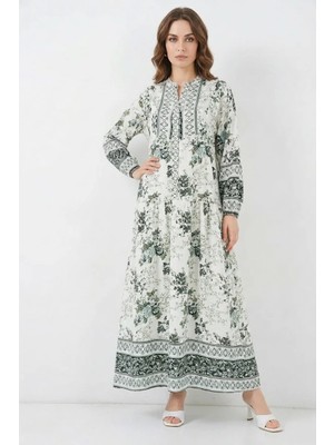 Moda Molası Kadın V Yaka Beli Büzgülü Çiçek Desenli Viskon Yeşil Beyaz Lacivert Tesettür Elbise