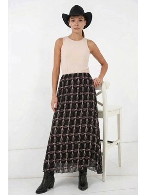 Moda Molası Kadın Desenli Şifon Siyah Etek