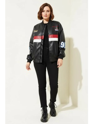 Moda Molası Kadın Bomber Yaka Baskılı Siyah Ceket