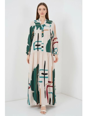 Moda Molası Kadın Hakim Yaka Belden Büzgülü Desenli Viskon Siyah Krem Tesettür Elbise