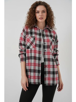 Moda Molası Kadın Oversize Ekose Desenli Pamuklu Nar Gömlek