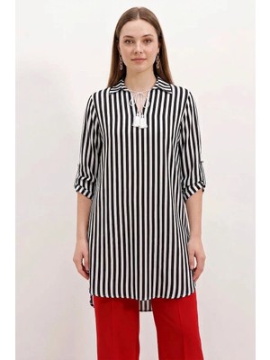 Moda Molası Kadın Bağcıklı Yaka Çizgili Viskon Siyah Tunik