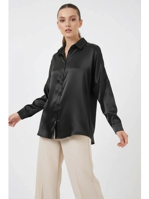 Moda Molası Kadın Oversize Saten Siyah Gömlek