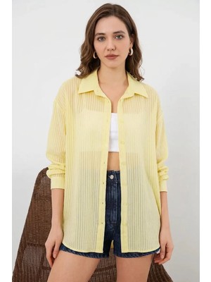 Moda Molası Kadın Oversize Dikey Çizgili Viskon Sarı Gömlek