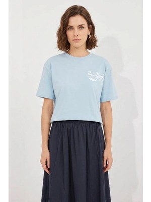 Moda Molası Kadın Basic Baskılı Mavi Tişört