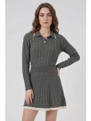Moda Molası Kadın Polo Yaka Dikey Dikiş Detaylı Triko Antrasit Ikili Takım