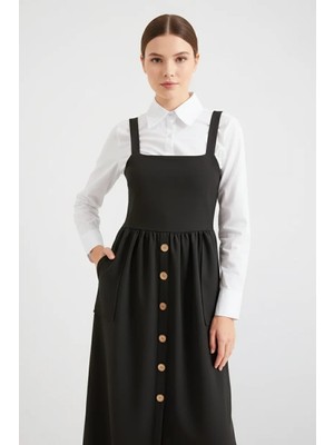 Moda Molası Kadın Gömlek Yaka Askılı Siyah Elbise