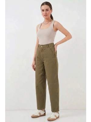 Moda Molası Kadın Yüksek Bel Pamuklu Haki Pantolon