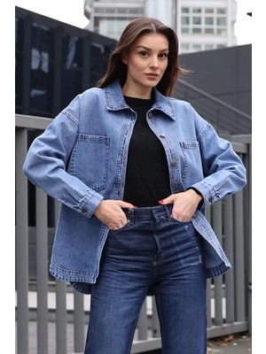 Moda Molası Kadın Gömlek Yaka Çift Cepli Oversize Pamuklu Koyu Mavi Ceket