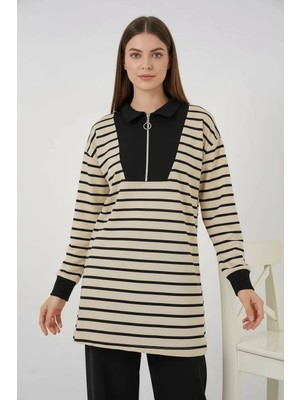 Moda Molası Kadın Fermuarlı Yaka Çizgili Viskon Siyah Tesettür Tunik