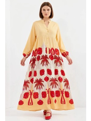 Moda Molası Kadın Gömlek Yaka Çiçek Desenli Viskon Sarı Tesettür Elbise