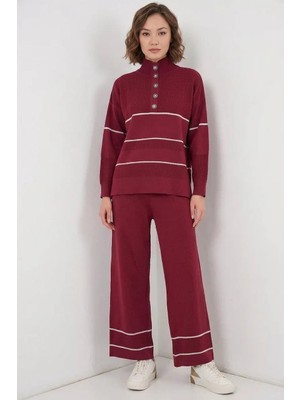 Moda Molası Kadın Yüksek Yaka Oversize Çizgili Triko Bordo Ikili Takım