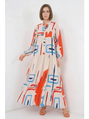 Moda Molası Kadın Belden Büzgülü Desenli Viskon Turuncu Tesettür Elbise