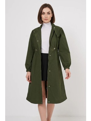 Moda Molası Kadın Gömlek Yaka Belden Büzgülü Haki Trençkot