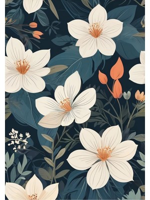 Kanvas Tr Vintage Tarzı Koyu Mavi Floral Desenli Modern Kanvas Tablo