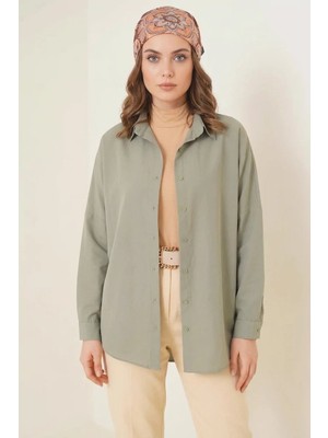 Moda Molası Kadın Rahat Kesim Basic Oversize Pamuklu Haki Tesettür Gömlek