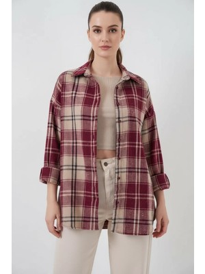 Moda Molası Kadın Oversize Ekose Desenli Pamuklu Bordo Gömlek