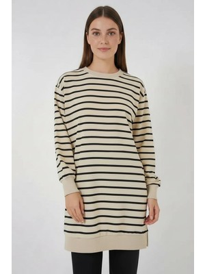Moda Molası Kadın Bisiklet Yaka Çizgili Viskon Siyah Tesettür Tunik