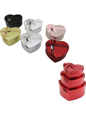 Mayf 3pcs Kalp Parlak Mix Renkli - Kabartma Desen Karton Hediye Kutusu Kurdelalı 22X20-19X17-16X14CM (5332)