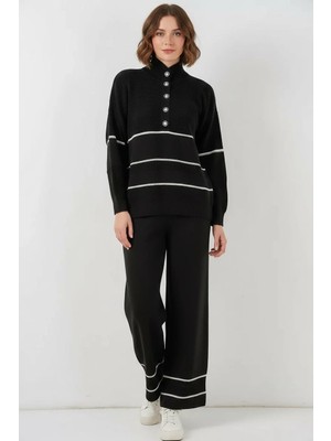 Moda Molası Kadın Yüksek Yaka Oversize Çizgili Triko Siyah Ikili Takım