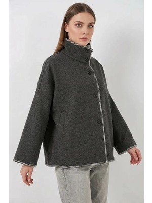 Moda Molası Kadın Dik Yaka Nakışlı Pamuklu Antrasit Ceket
