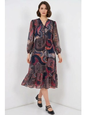Moda Molası Kadın Beli Büzgülü Desenli Şifon Çok Renkli Elbise