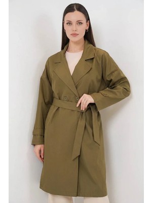 Moda Molası Kadın Kruvaze Yaka Kuşaklı Haki Trençkot