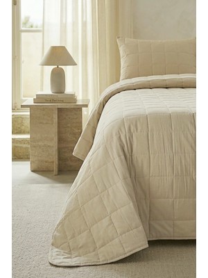 Ocean Home Textile %100 Pamuk Kumaş Kapitoneli Bej Çok Amaçlı Tek Kişilik Yatak Örtüsü Seti 1 Adet 180 x 230 / 1 Adet 50 x 70 cm