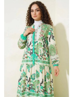 Moda Molası Kadın Gömlek Yaka Beli Büzgülü Çiçek Desenli Viskon Yeşil Tesettür Elbise