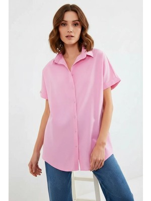 Moda Molası Kadın Kısa Kol Oversize Pamuklu Pembe Gömlek