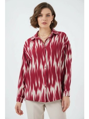 Moda Molası Kadın Oversize Desenli Viskon Kırmızı Gömlek