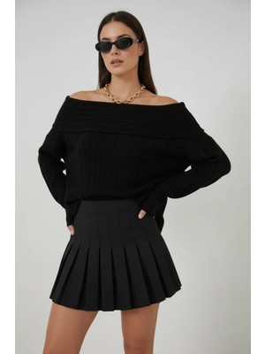 Moda Molası Kadın Oversize Açık Omuz Triko Siyah Kazak