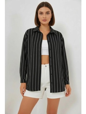 Moda Molası Kadın Basic Oversize Çizgili Pamuklu Siyah Gömlek