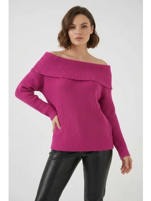 Moda Molası Kadın Kayık Yaka Açık Omuz Oversize Triko Koyu Pembe Kazak