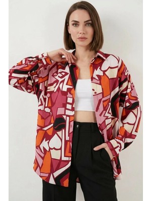 Moda Molası Kadın Grafik Desenli Viskon Bordo Gömlek