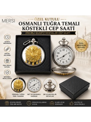 Mersi Shop Özel Kutulu Osmanlı Tuğra Temalı Köstekli Cep Saati | Zincirli Quartz Nostaljik Cep Saati