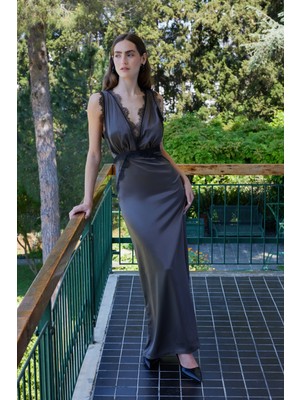 Facette Aveline Dantelli Saten Elbise Haki