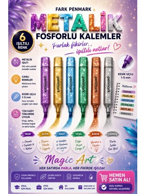 Anı Ofis Kırtasiye Anı Ofis 6'lı Metalik Simli Fosforlu Kalem Seti - Glitter Işıltılı Renkli Kesik Uçlu Kalemler