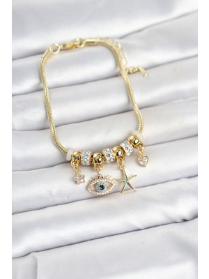 Akıllı Bayi Pirinç Gold Renk Göz Model Charmlı Kadın Bileklik