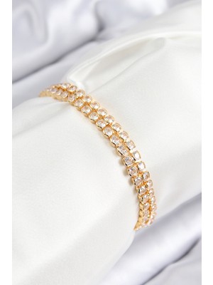 Akıllı Bayi Pirinç Zirkon Taşlı Çift Sıra Model Gold Renk Asansörlü Kadın Bileklik