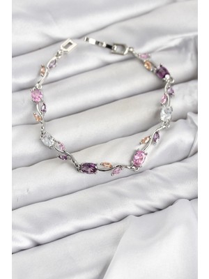 Akıllı Bayi Pirinç Gümüş Renk Pembe ve Mor Zirkon Taşlı Çiçek Model Kadın Bileklik