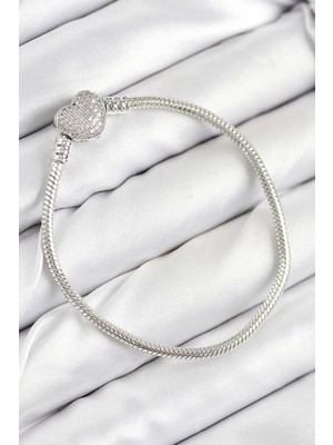 Akıllı Bayi Pirinç Charm Zirkon Taşlı Kalp Model Gümüş Renk Kadın Bileklik
