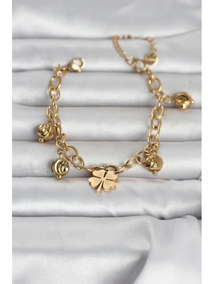 Akıllı Bayi 316L Çelik Gold Renk Yonca ve Dorikalı Kadın Bileklik