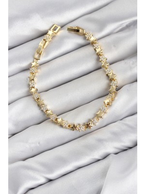 Akıllı Bayi cm Yıldız Model Zirkon Taşlı Vıp Seri Gold Renk Pirinç Kadın Bileklik