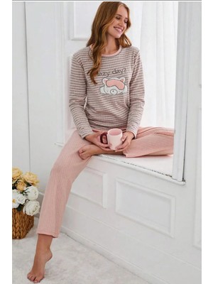 FullaModa Çizgili Lazy Day Baskılı Bisiklet Yaka Pijama Takımı