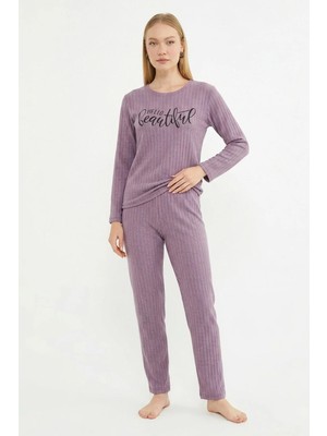 FullaModa Hello Beautiful Baskılı Bisiklet Yaka Pijama Takımı