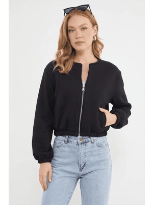 FullaModa Fermuarlı Beli Lastikli Crop Ceket