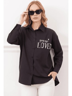 FullaModa Taşlı Loved Baskılı Salaş Gömlek