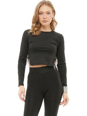 FullaModa Zincir Detaylı Scuba Kumaş Crop Bluz